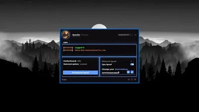 UEFI panel with permanent spoof toggle, GPU and ethernet switches, and a seed input on a dark interface.
